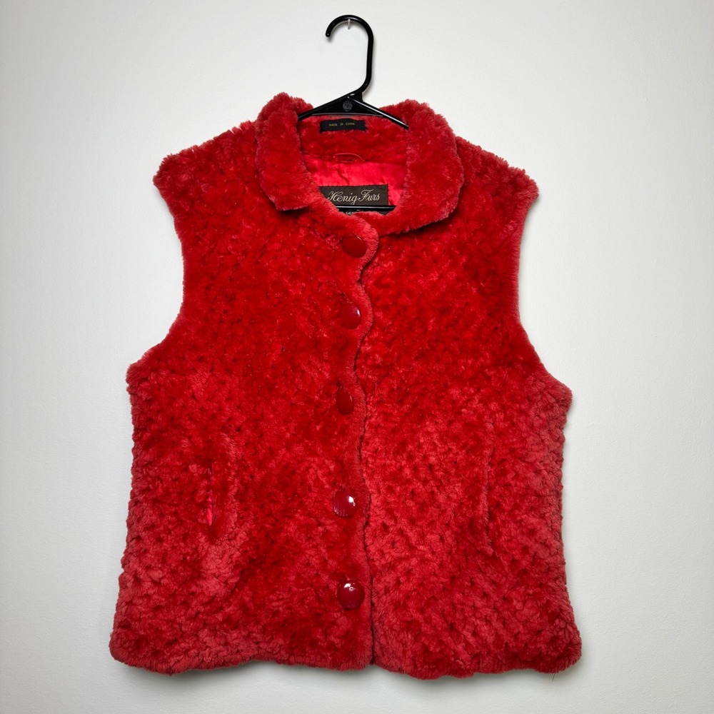 Henig Furs Red Faux Fur Vest Plush Button Front 90s Y2K Glam Rock